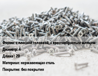 Шуруп с плоской головкой, с крестообразным шлицем 4х20 нержавеющая сталь без покрытия, кг, А4 цена от 145.38 ₼ / кг, где купить, условия доставки в Баку и Бакинская области